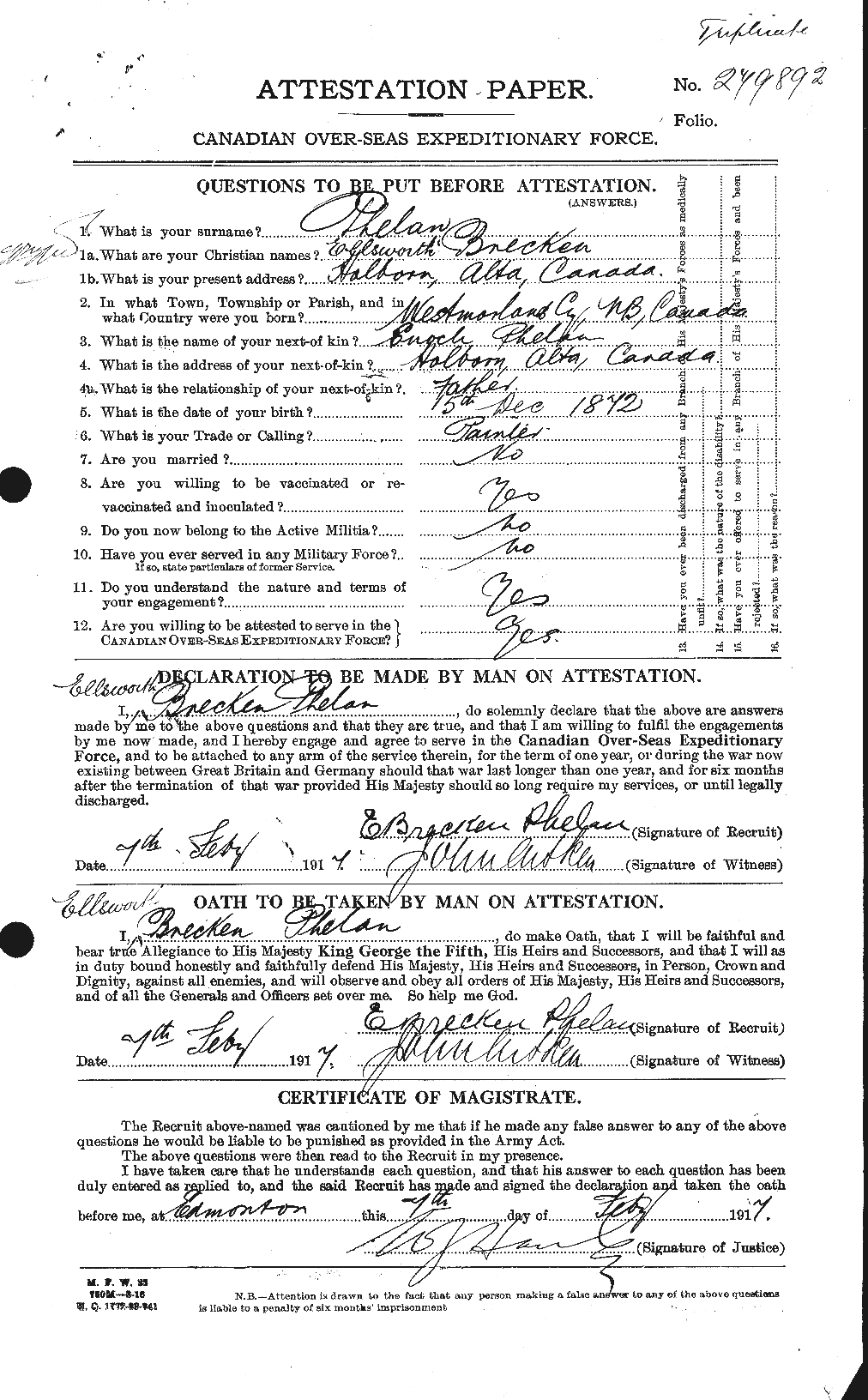 Dossiers du Personnel de la Première Guerre mondiale - CEC 576943a