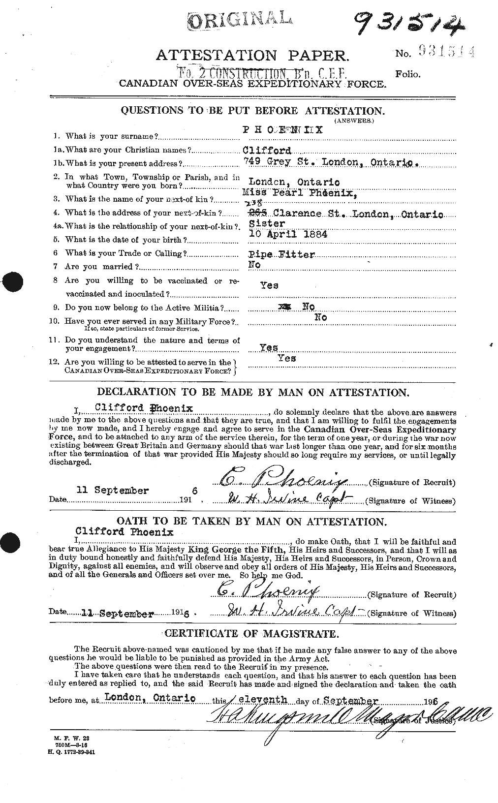 Dossiers du Personnel de la Première Guerre mondiale - CEC 578216a