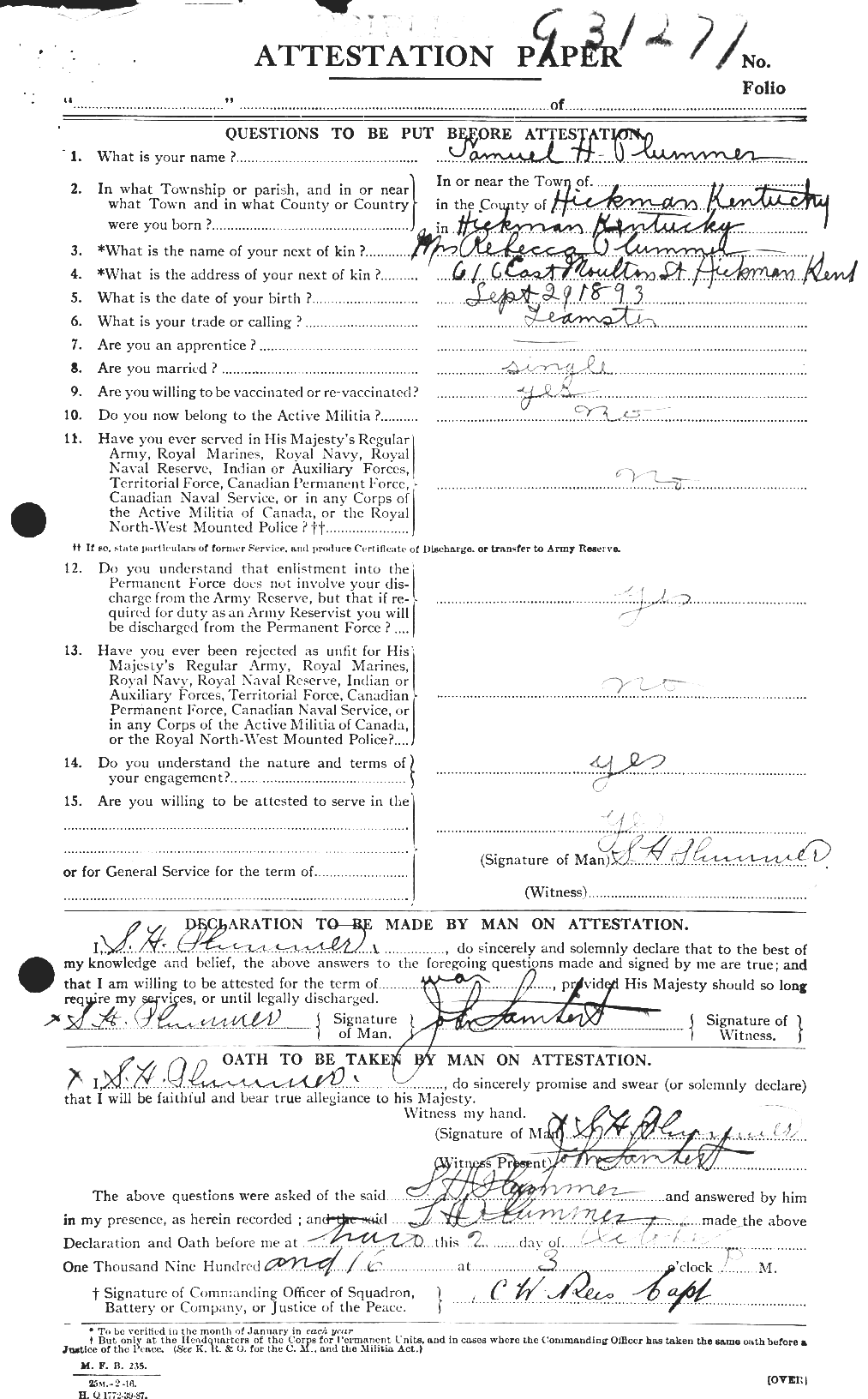Dossiers du Personnel de la Première Guerre mondiale - CEC 578547a