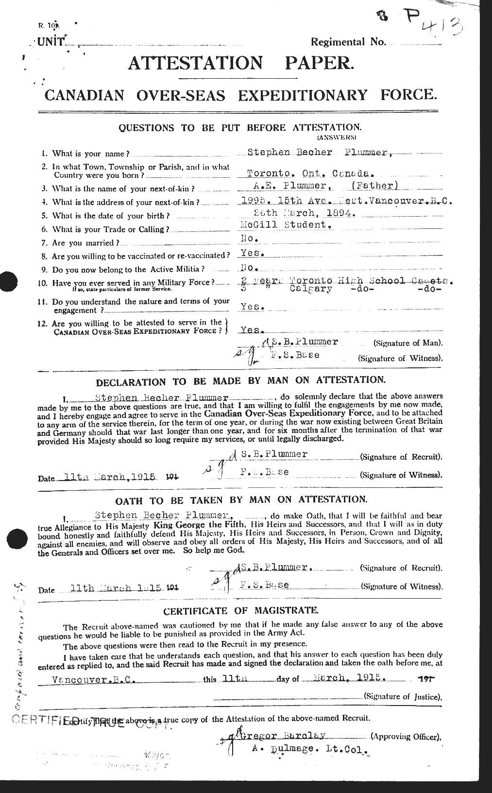 Dossiers du Personnel de la Première Guerre mondiale - CEC 578550a