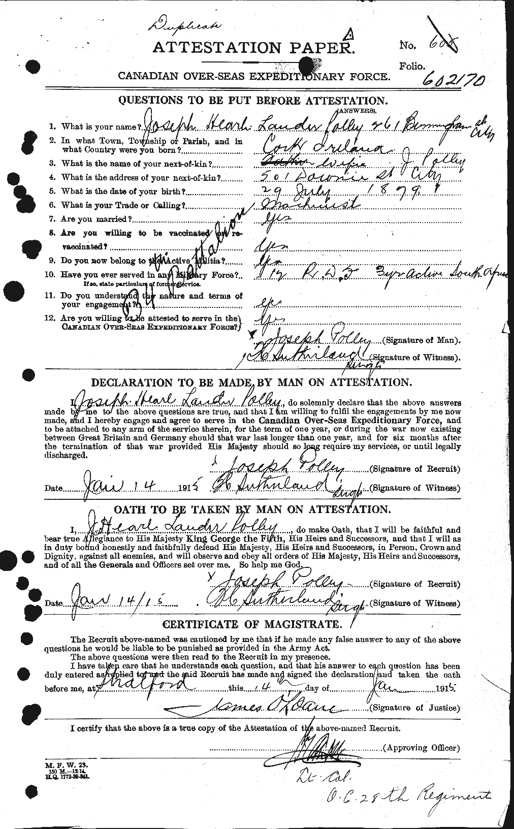 Dossiers du Personnel de la Première Guerre mondiale - CEC 579828a