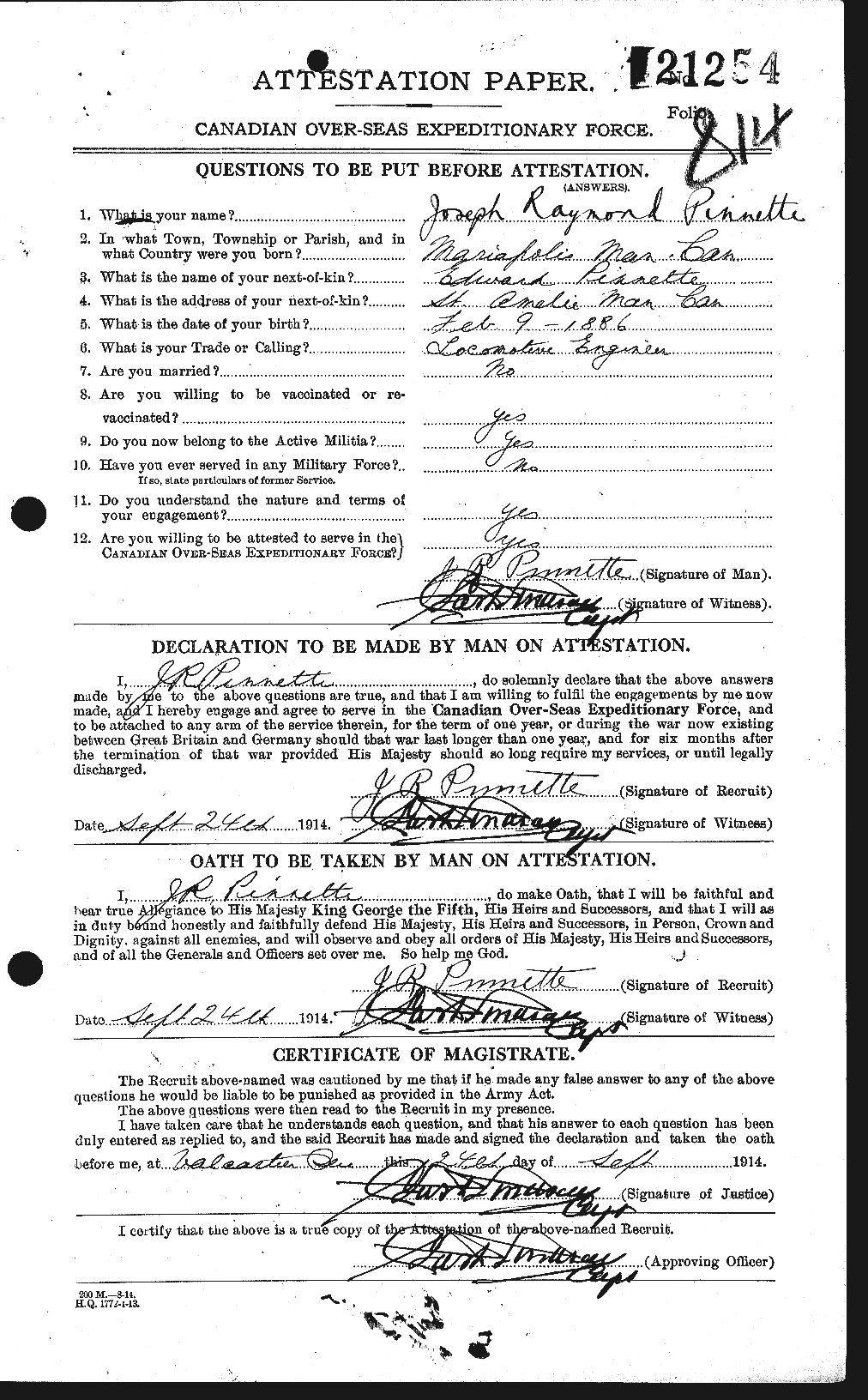 Dossiers du Personnel de la Première Guerre mondiale - CEC 582724a