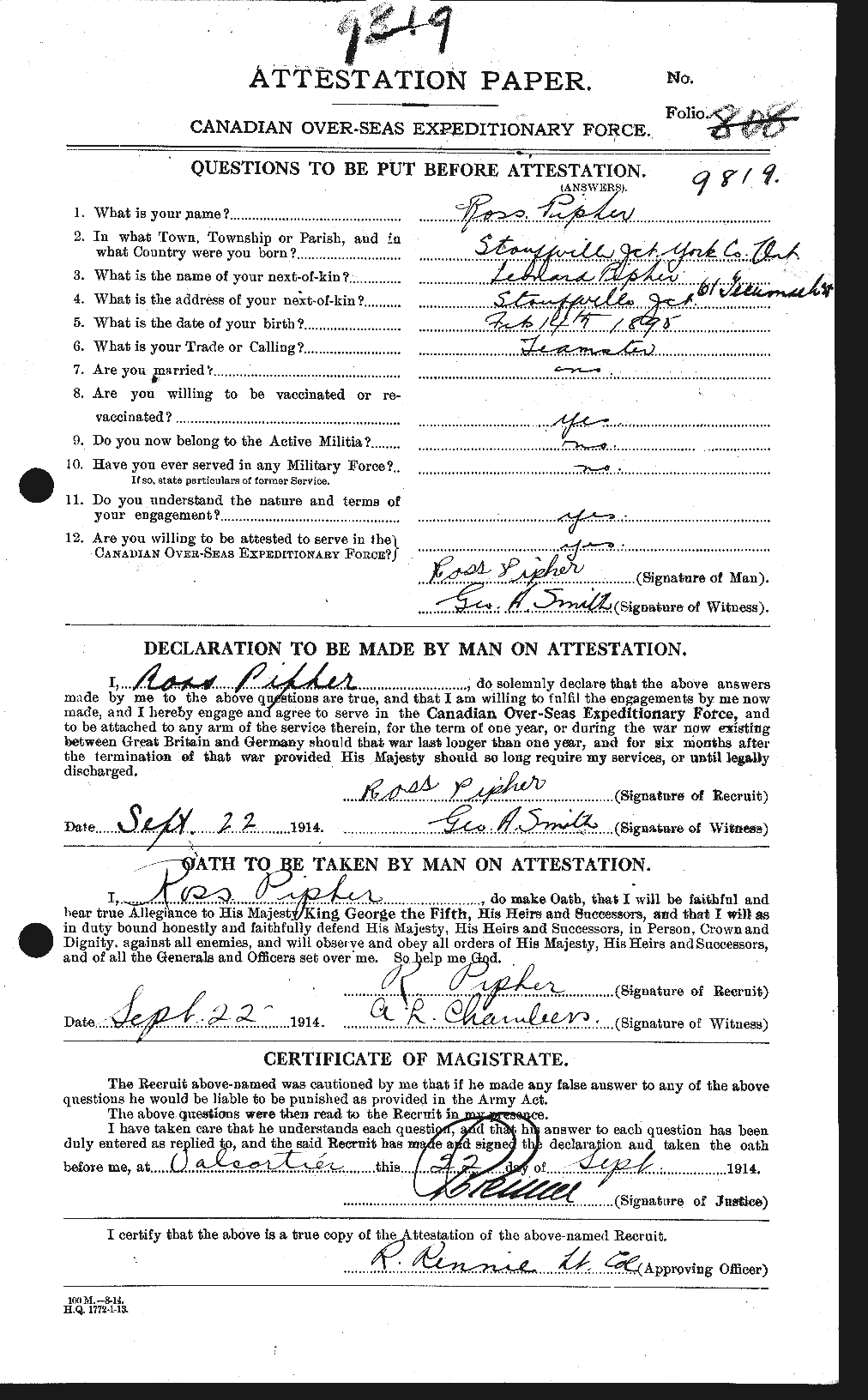 Dossiers du Personnel de la Première Guerre mondiale - CEC 582880a