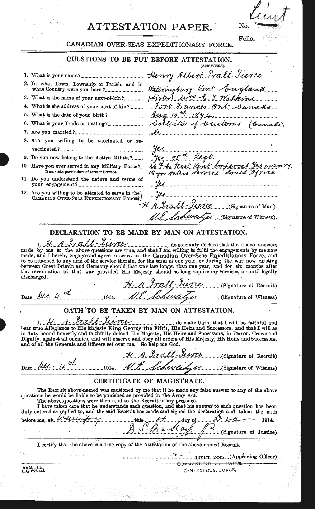 Dossiers du Personnel de la Première Guerre mondiale - CEC 586569a