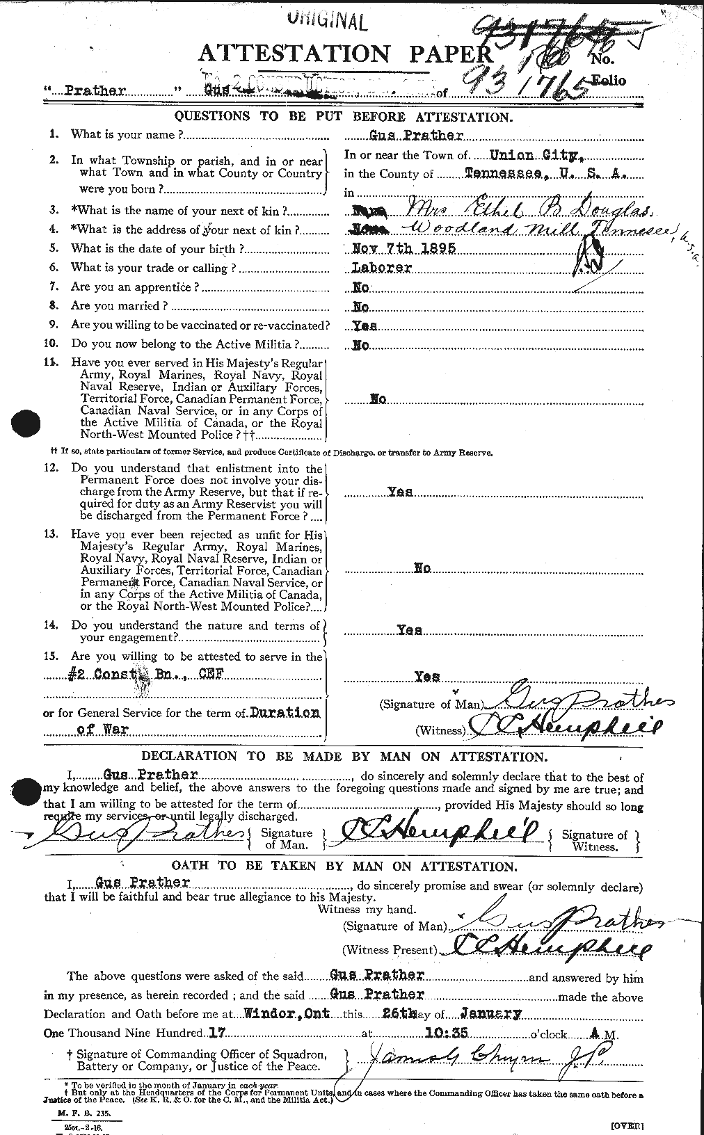 Dossiers du Personnel de la Première Guerre mondiale - CEC 586606a