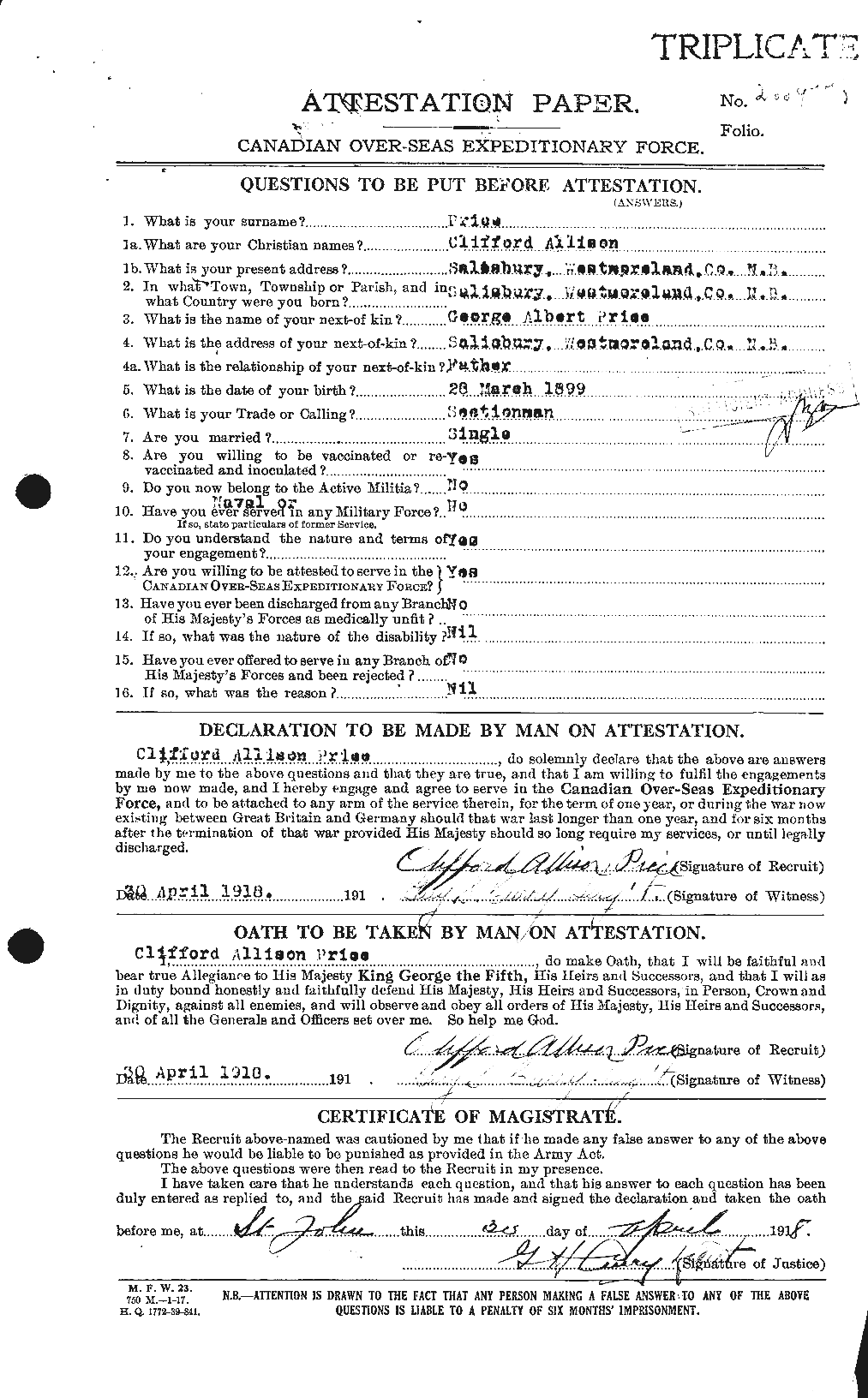 Dossiers du Personnel de la Première Guerre mondiale - CEC 587001a