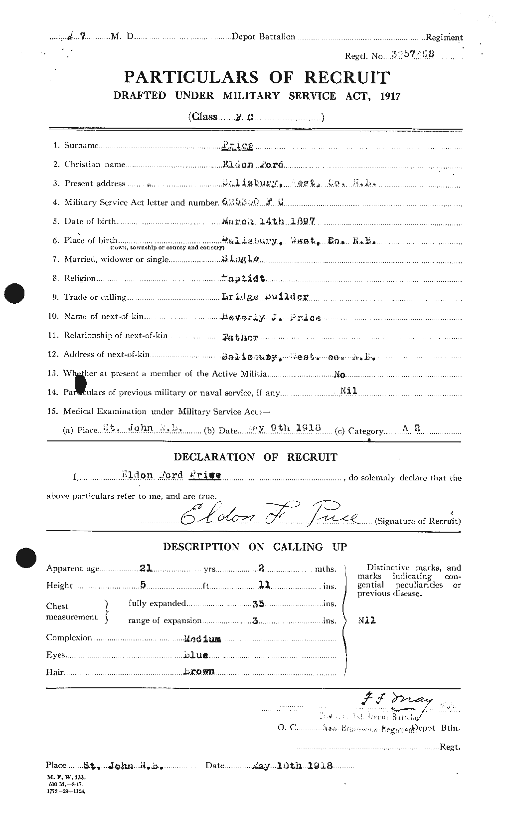 Dossiers du Personnel de la Première Guerre mondiale - CEC 587026a