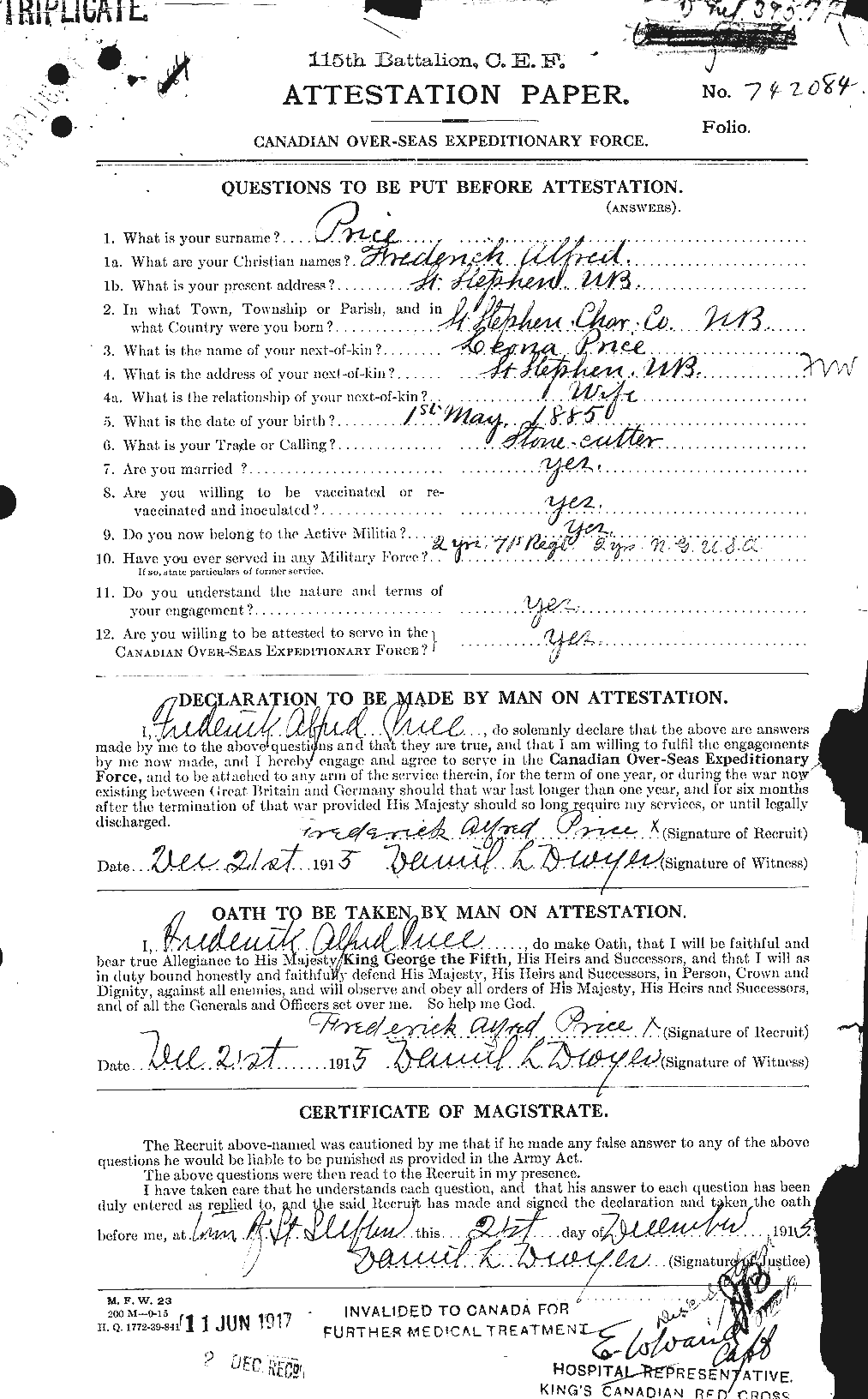 Dossiers du Personnel de la Première Guerre mondiale - CEC 587070a