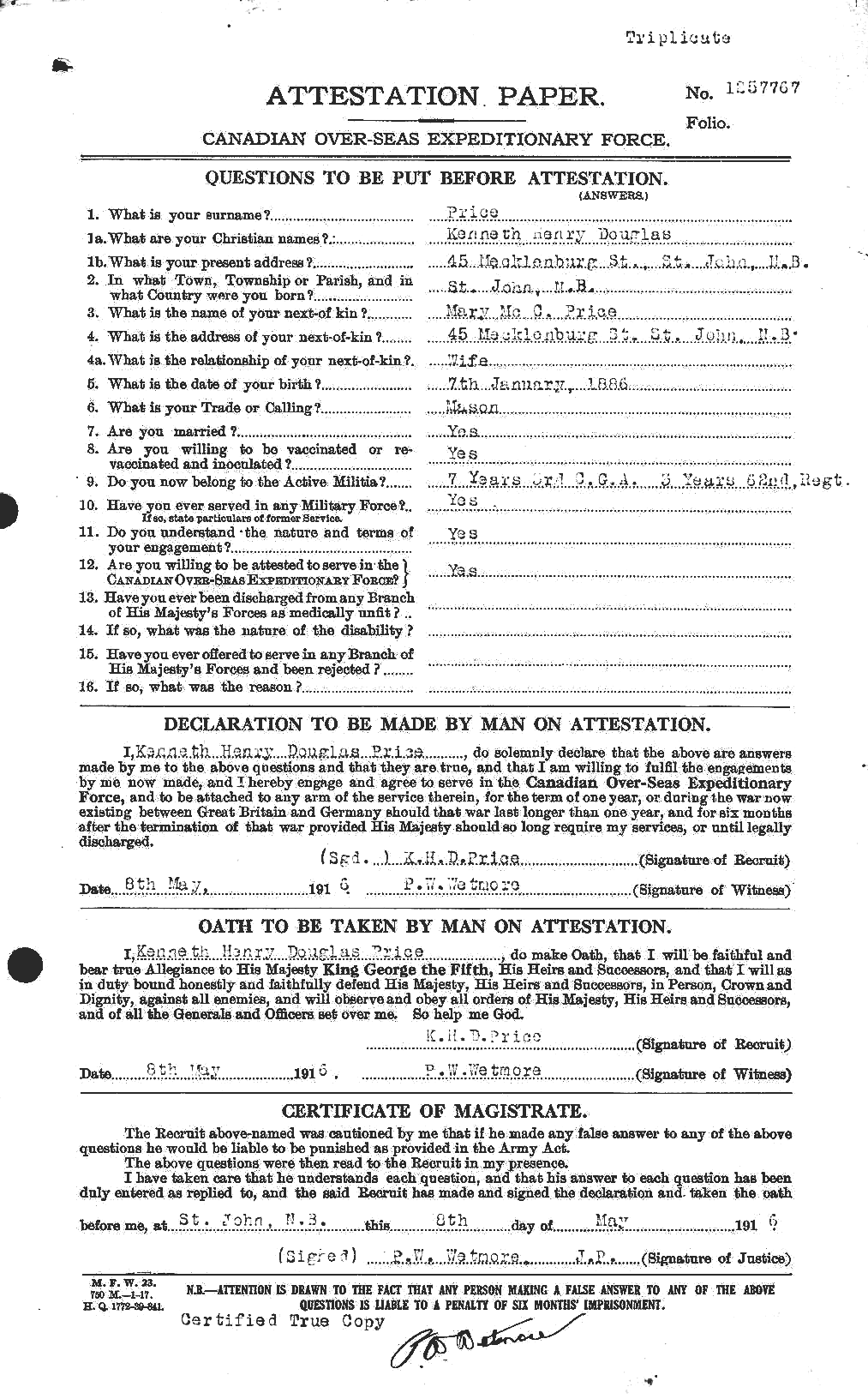 Dossiers du Personnel de la Première Guerre mondiale - CEC 587271a