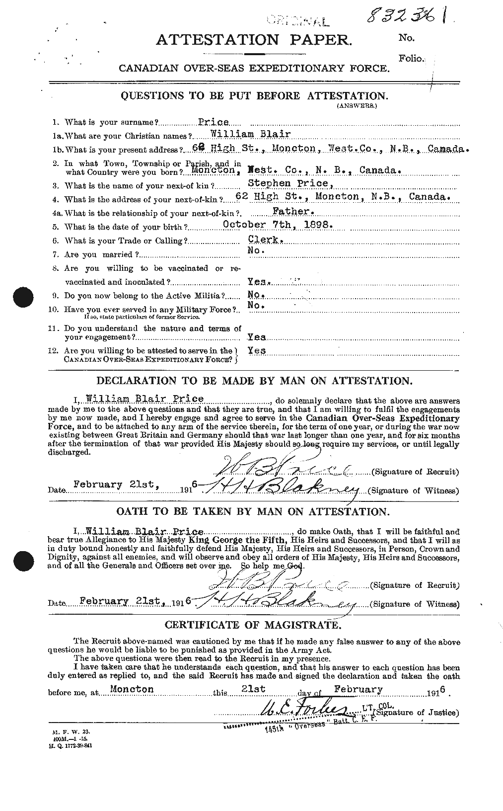 Dossiers du Personnel de la Première Guerre mondiale - CEC 587430a