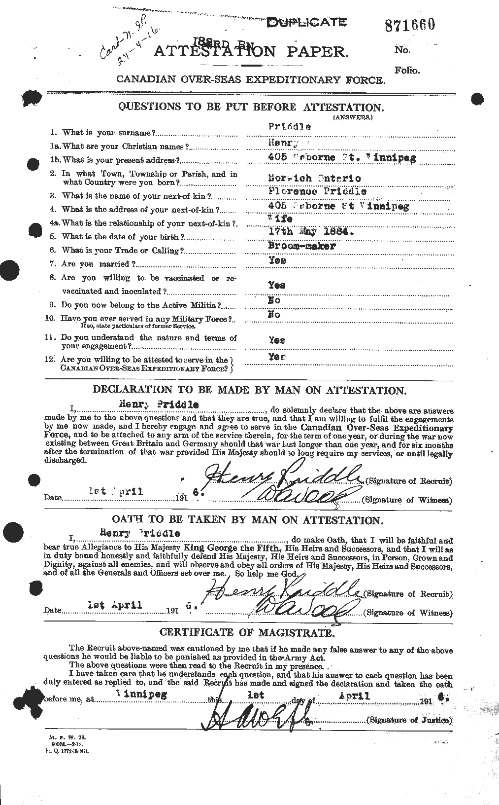 Dossiers du Personnel de la Première Guerre mondiale - CEC 587490a