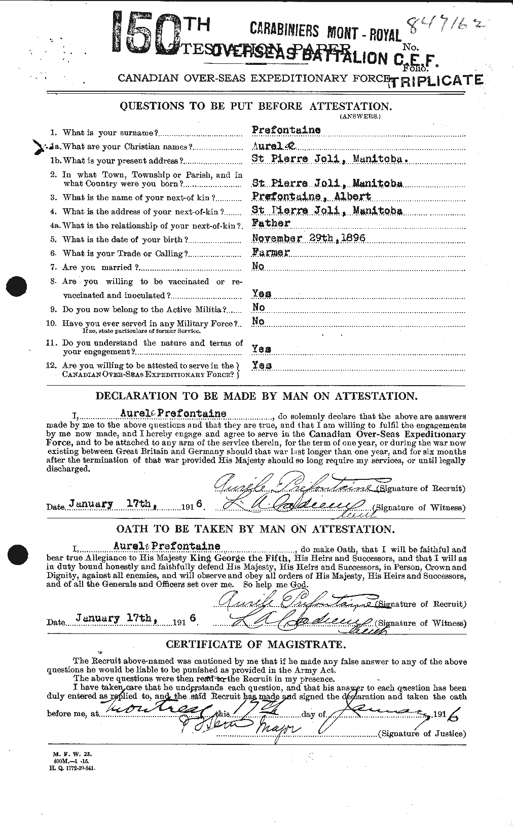 Dossiers du Personnel de la Première Guerre mondiale - CEC 588398a
