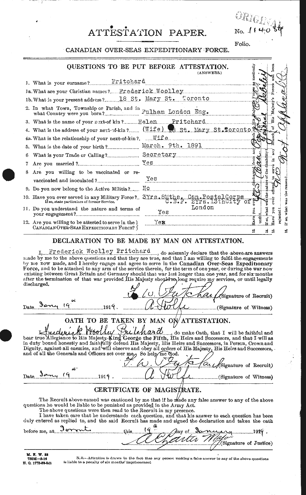 Dossiers du Personnel de la Première Guerre mondiale - CEC 588527a