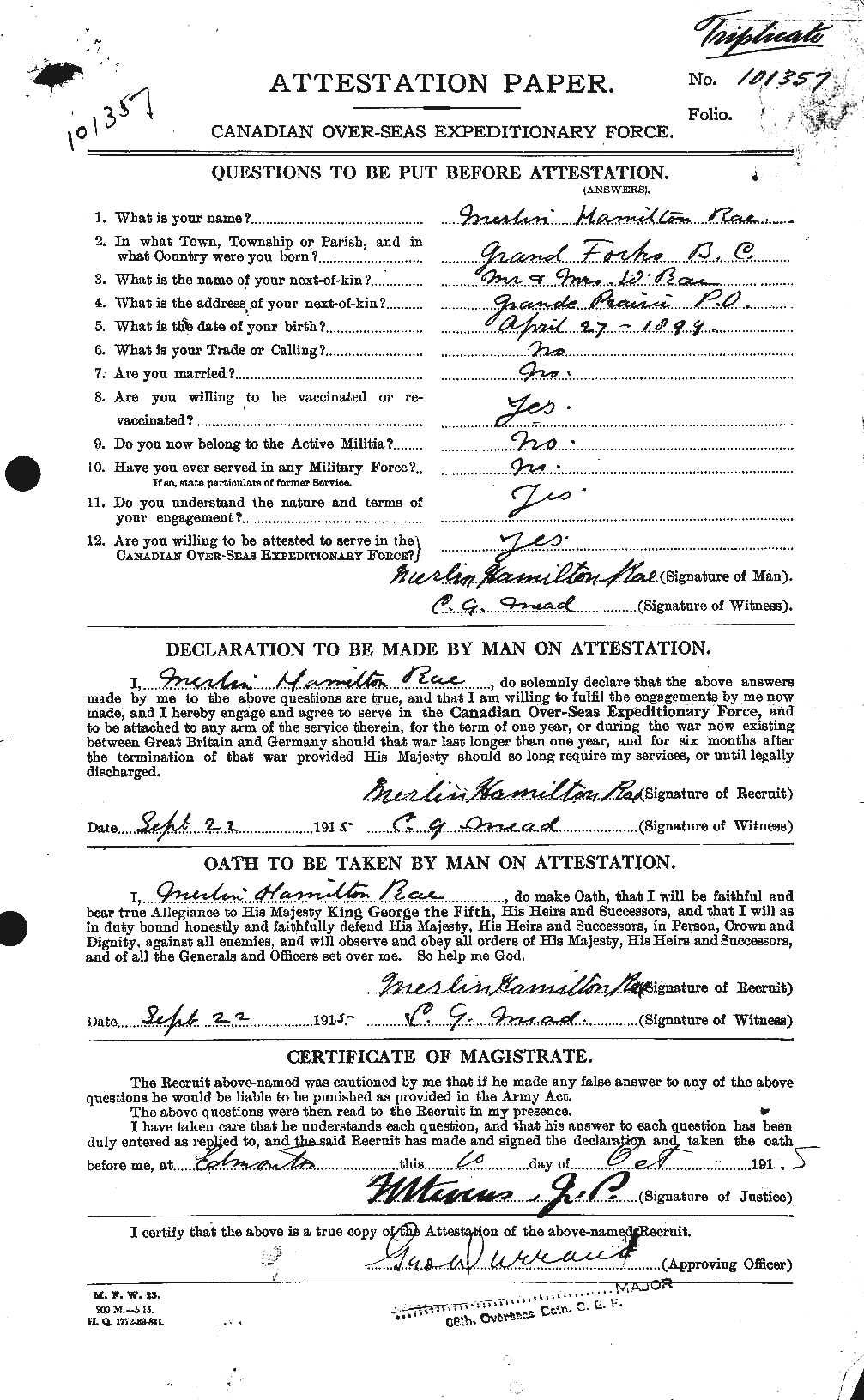 Dossiers du Personnel de la Première Guerre mondiale - CEC 591266a