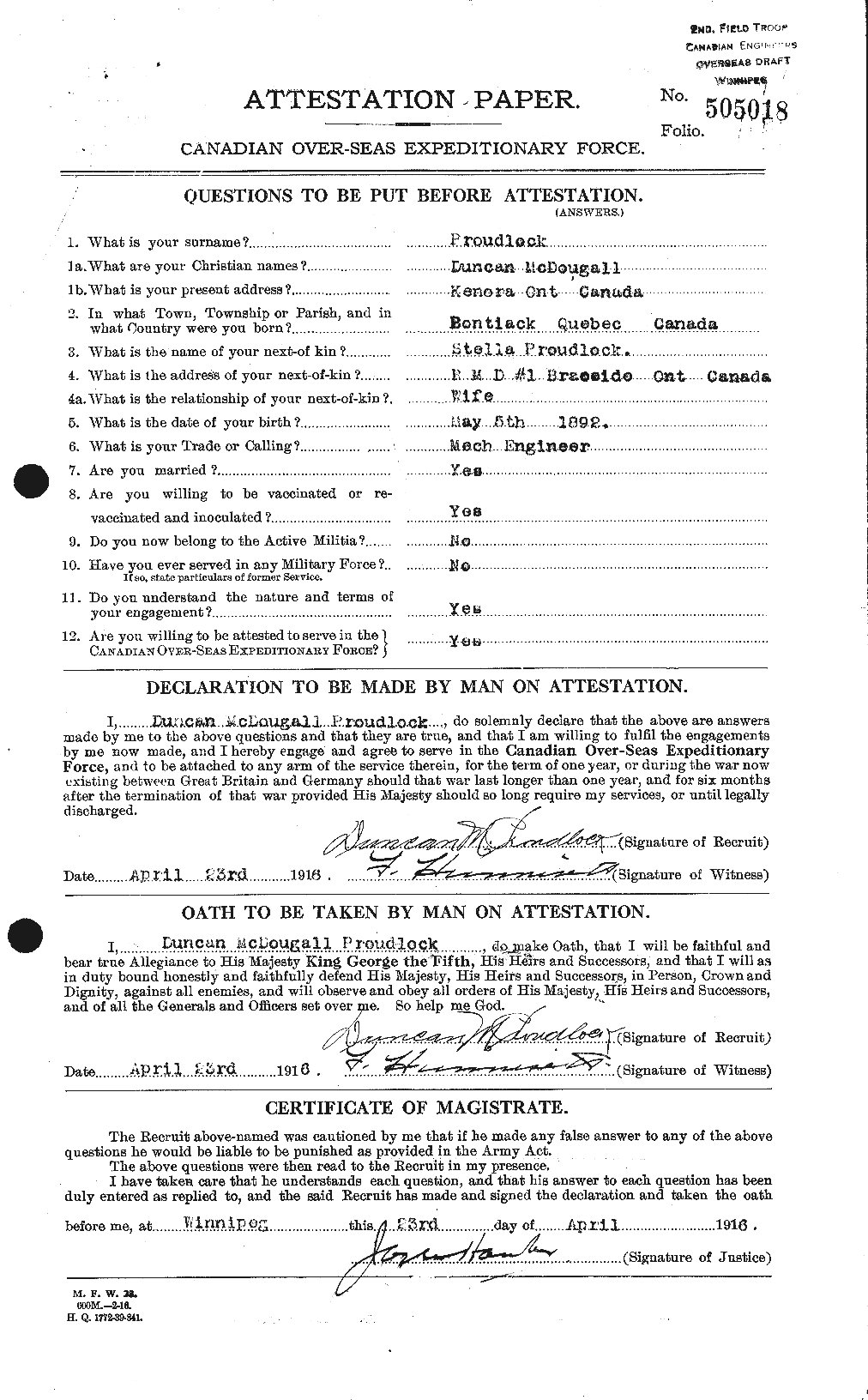 Dossiers du Personnel de la Première Guerre mondiale - CEC 591482a