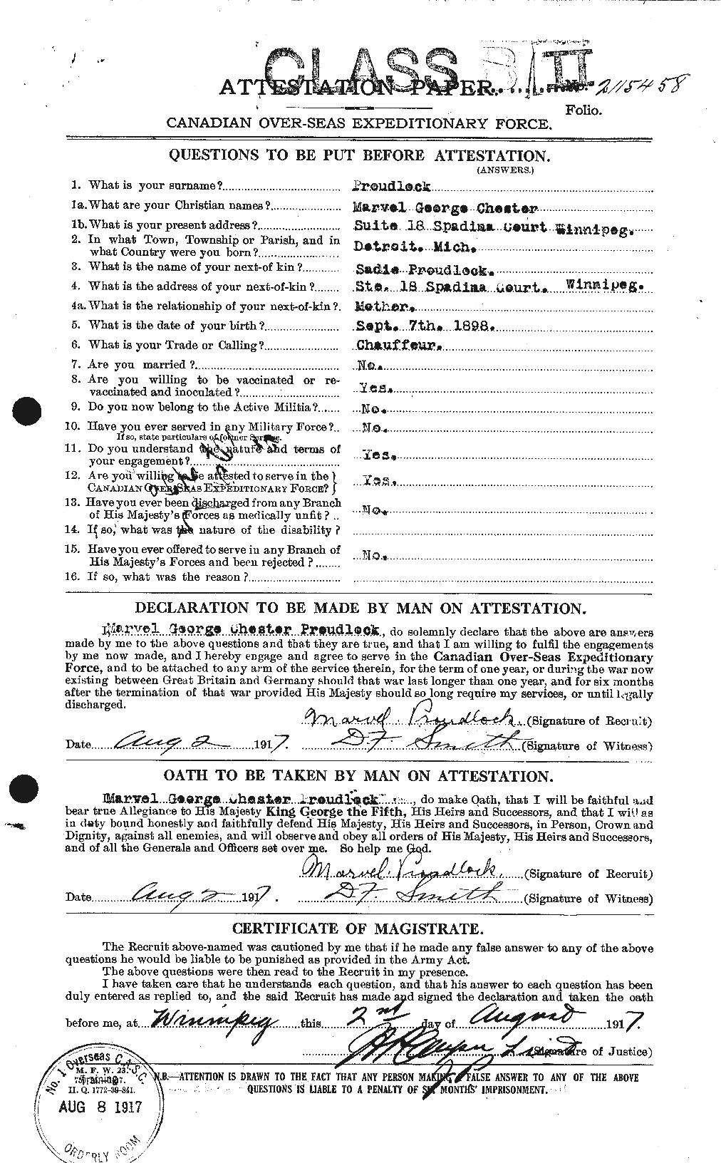 Dossiers du Personnel de la Première Guerre mondiale - CEC 591484a