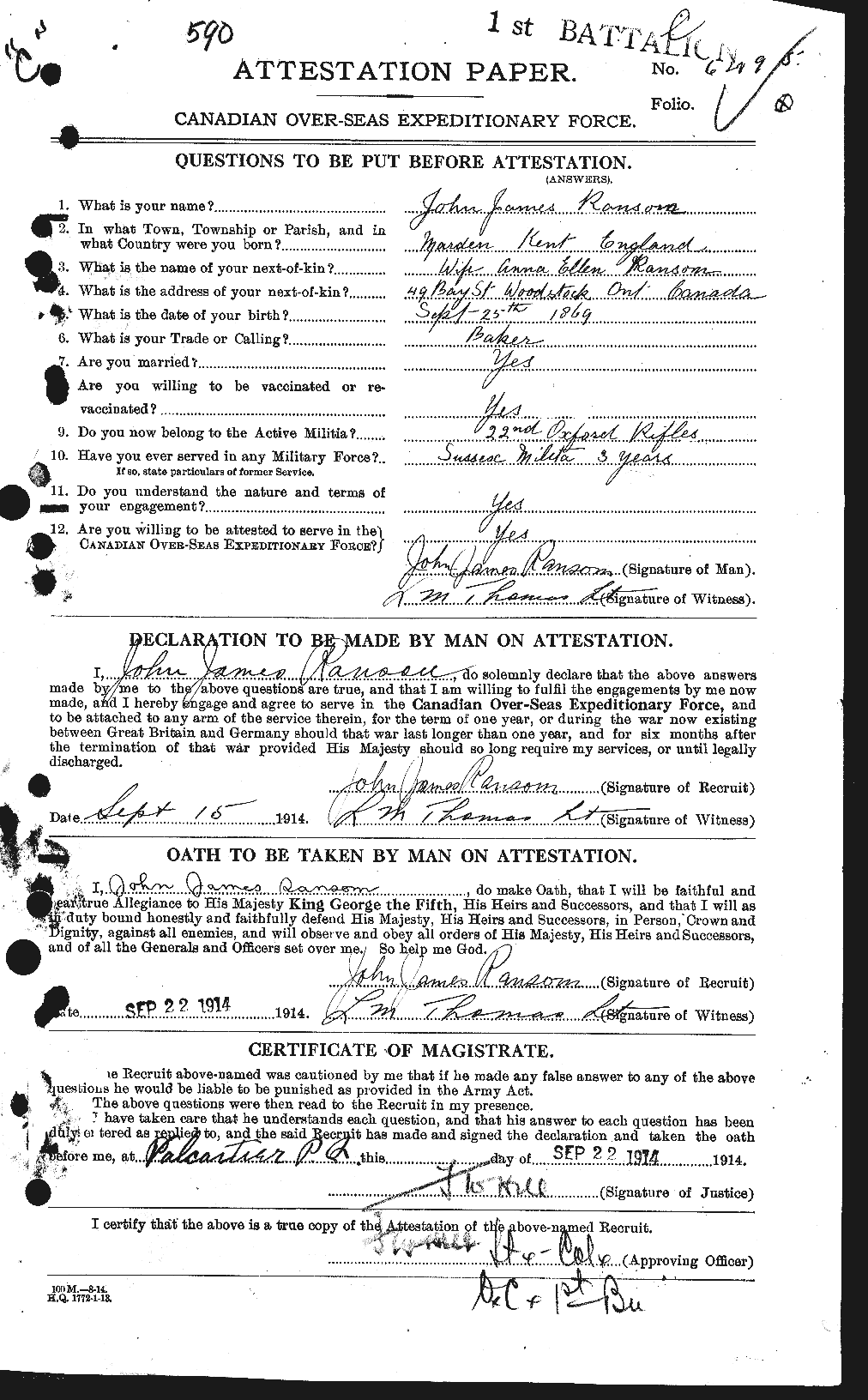 Dossiers du Personnel de la Première Guerre mondiale - CEC 594890a