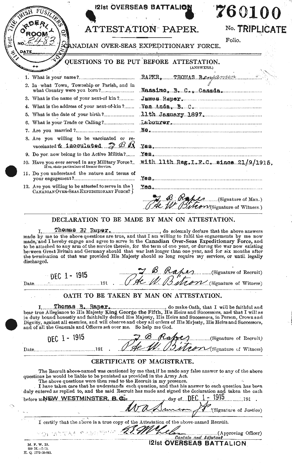 Dossiers du Personnel de la Première Guerre mondiale - CEC 594961a