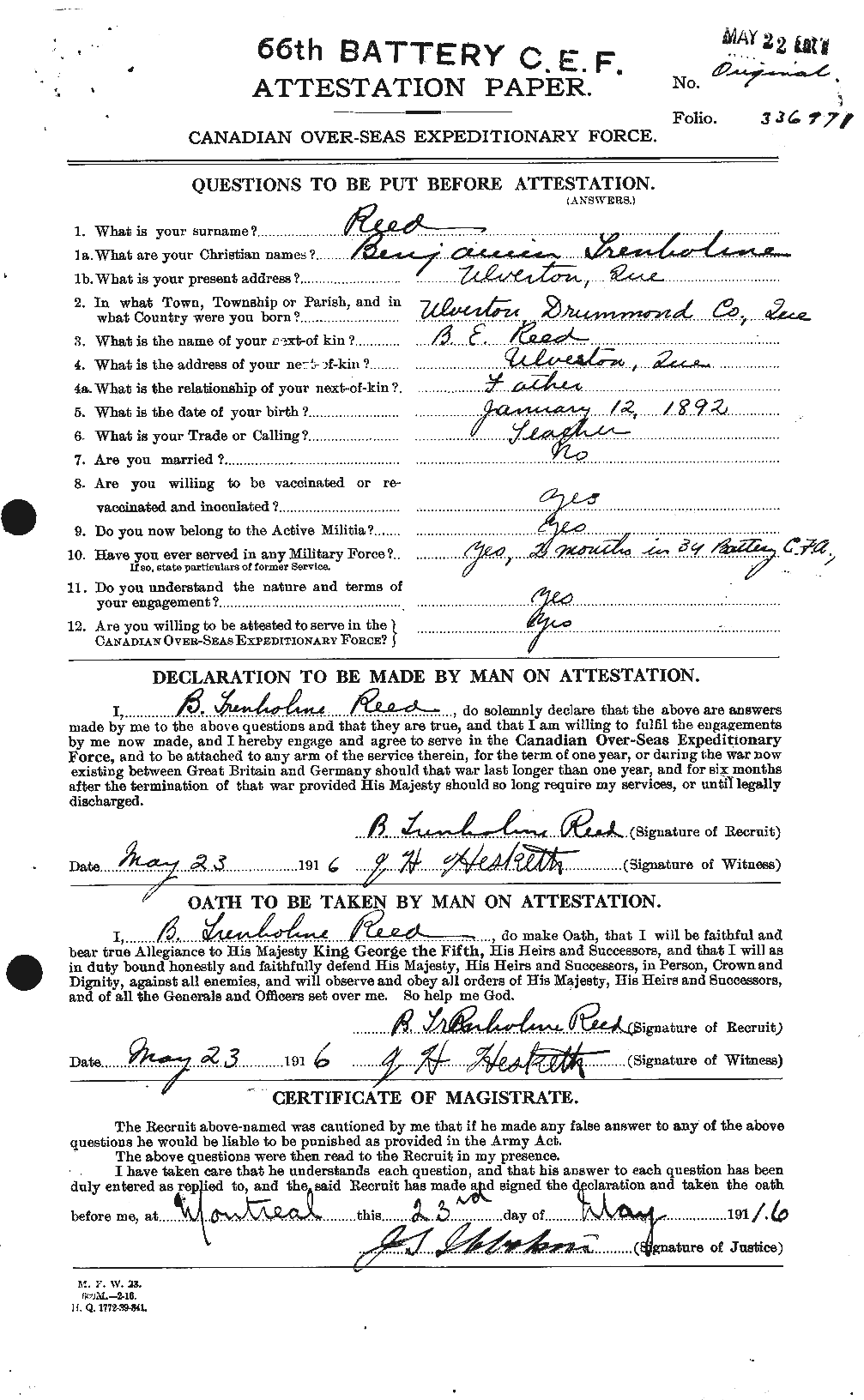 Dossiers du Personnel de la Première Guerre mondiale - CEC 596318a