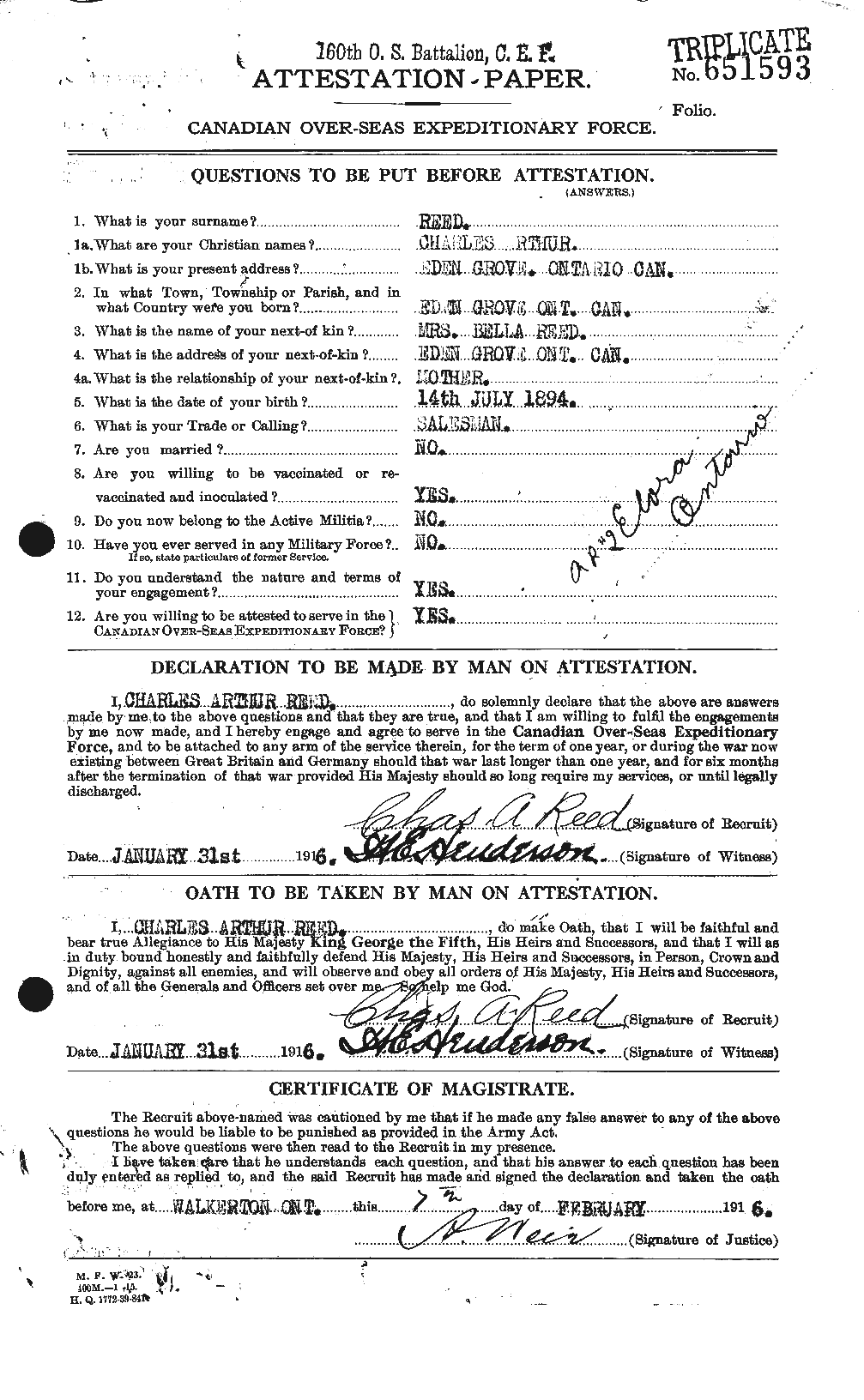 Dossiers du Personnel de la Première Guerre mondiale - CEC 596327a