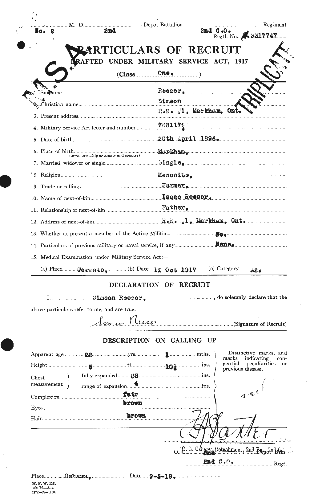 Dossiers du Personnel de la Première Guerre mondiale - CEC 596739a