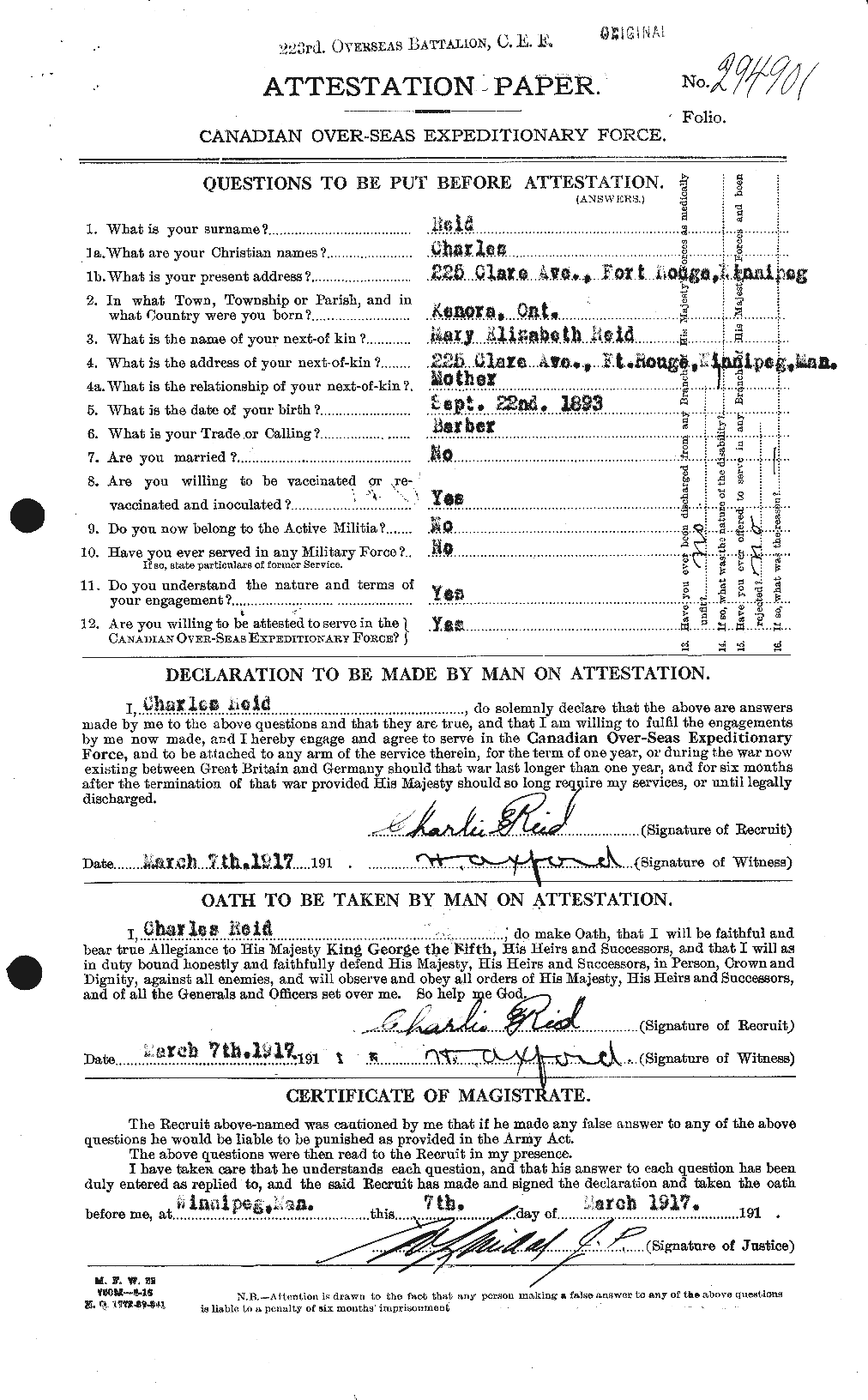 Dossiers du Personnel de la Première Guerre mondiale - CEC 597877a