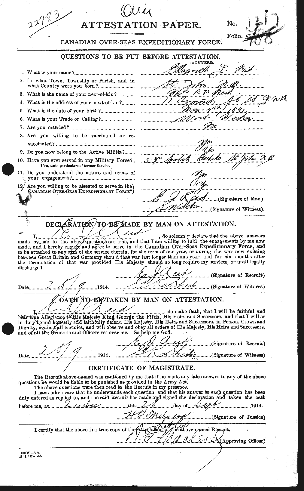 Dossiers du Personnel de la Première Guerre mondiale - CEC 598000a
