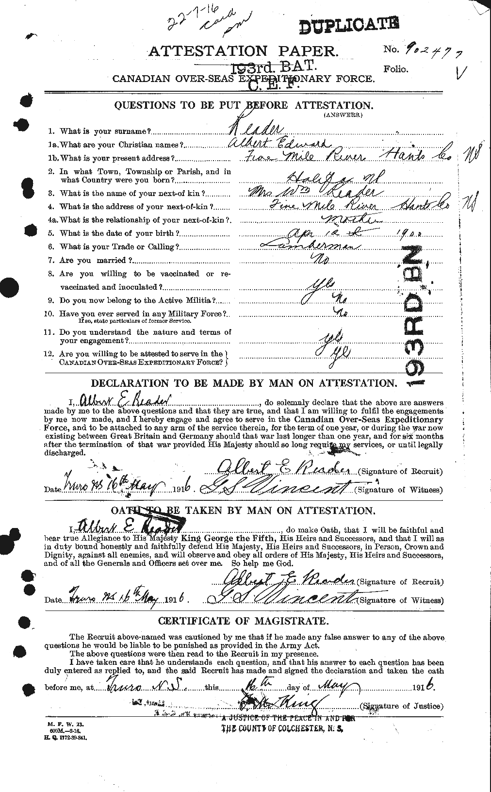 Dossiers du Personnel de la Première Guerre mondiale - CEC 598381a