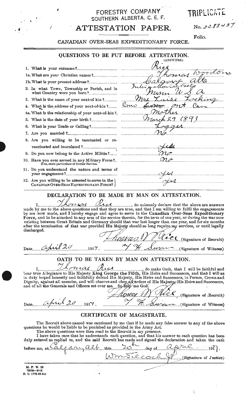 Dossiers du Personnel de la Première Guerre mondiale - CEC 600456a