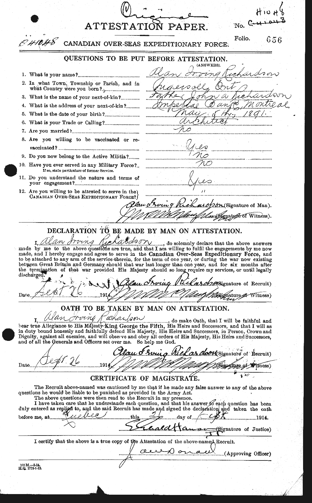 Dossiers du Personnel de la Première Guerre mondiale - CEC 603466a