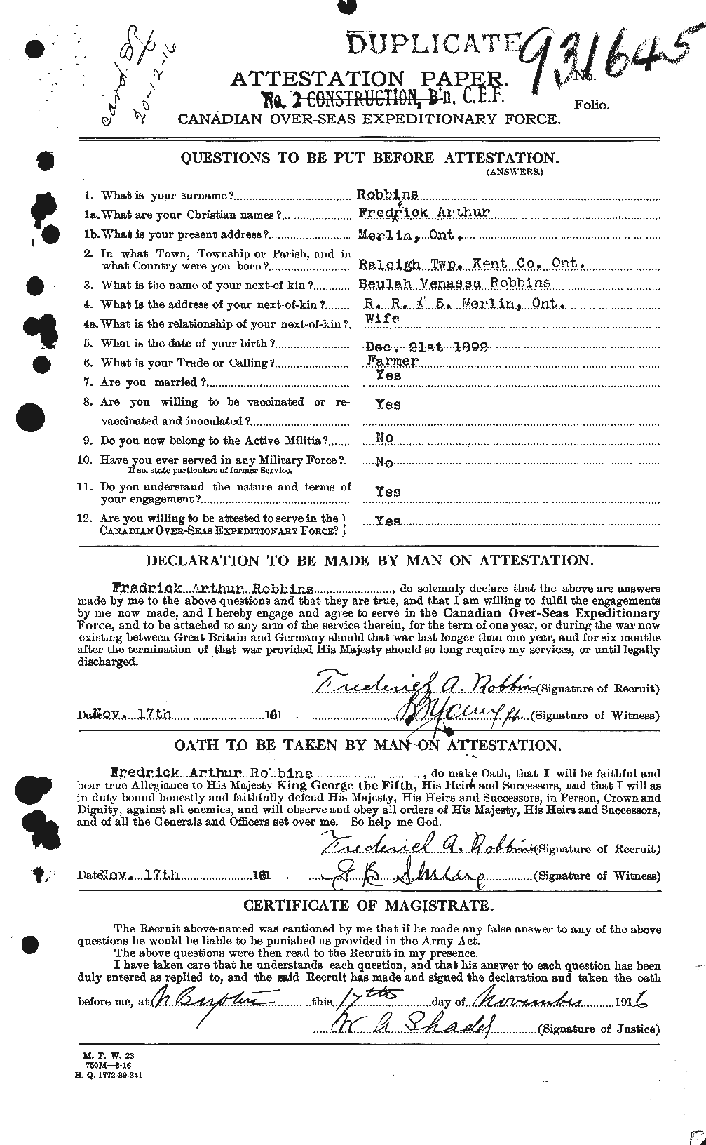 Dossiers du Personnel de la Première Guerre mondiale - CEC 603789a