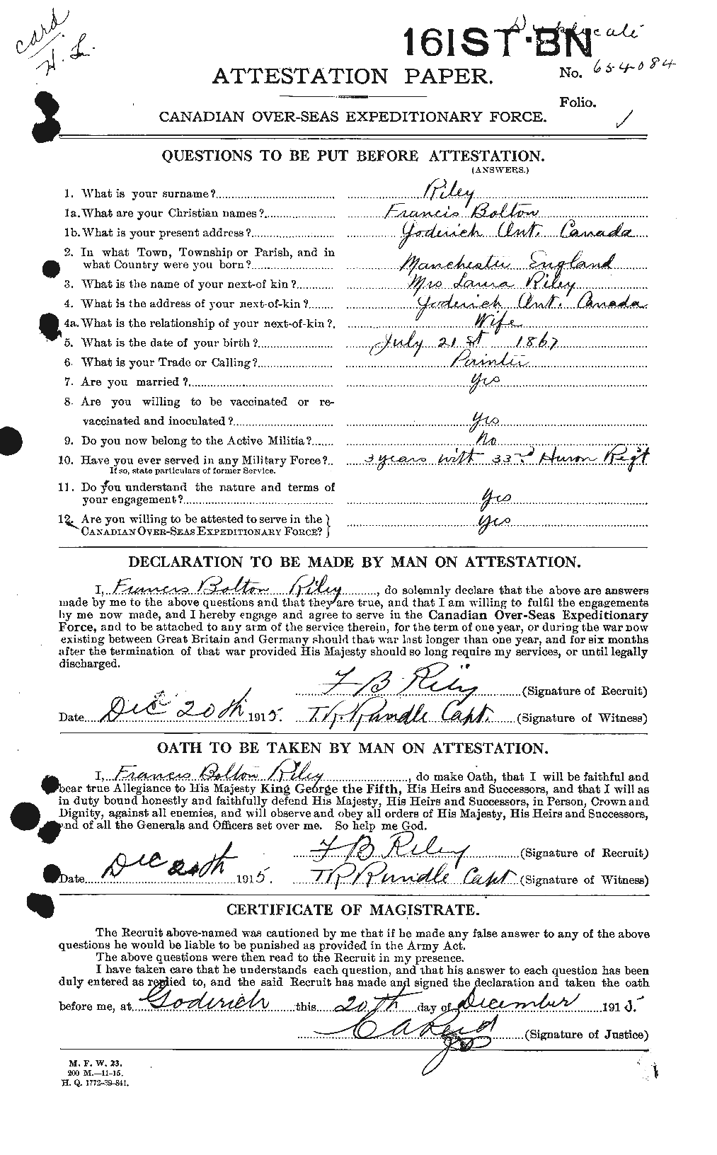 Dossiers du Personnel de la Première Guerre mondiale - CEC 604647a