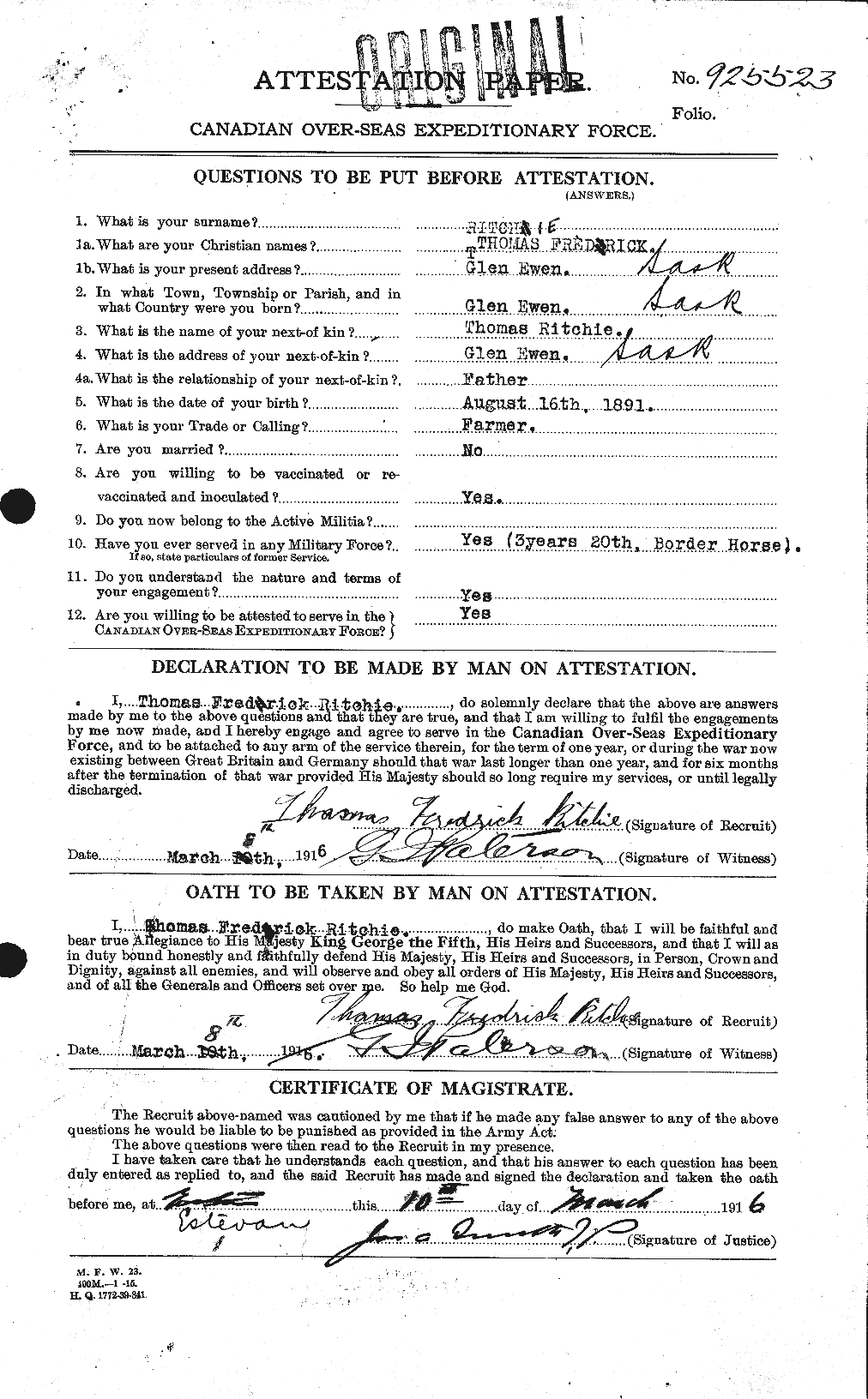 Dossiers du Personnel de la Première Guerre mondiale - CEC 605503a