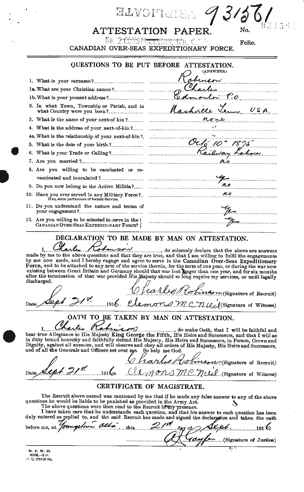 Dossiers du Personnel de la Première Guerre mondiale - CEC 607050a