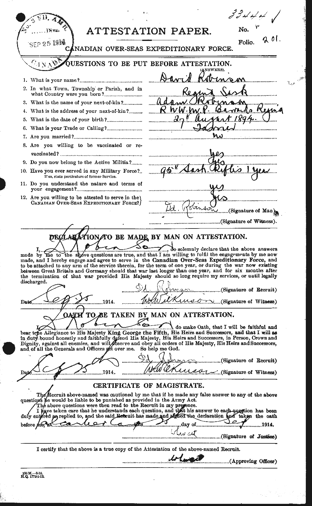 Dossiers du Personnel de la Première Guerre mondiale - CEC 607132a