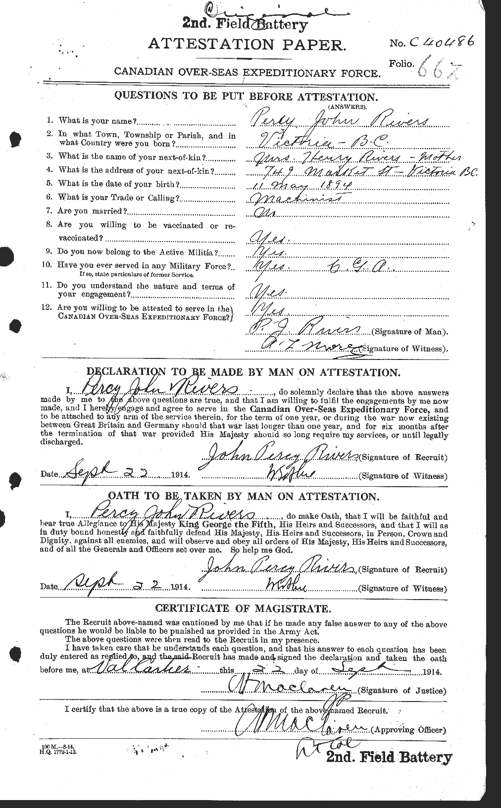 Dossiers du Personnel de la Première Guerre mondiale - CEC 608178a