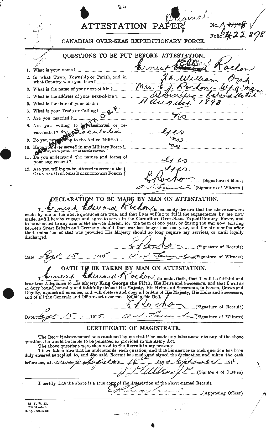 Dossiers du Personnel de la Première Guerre mondiale - CEC 609049a