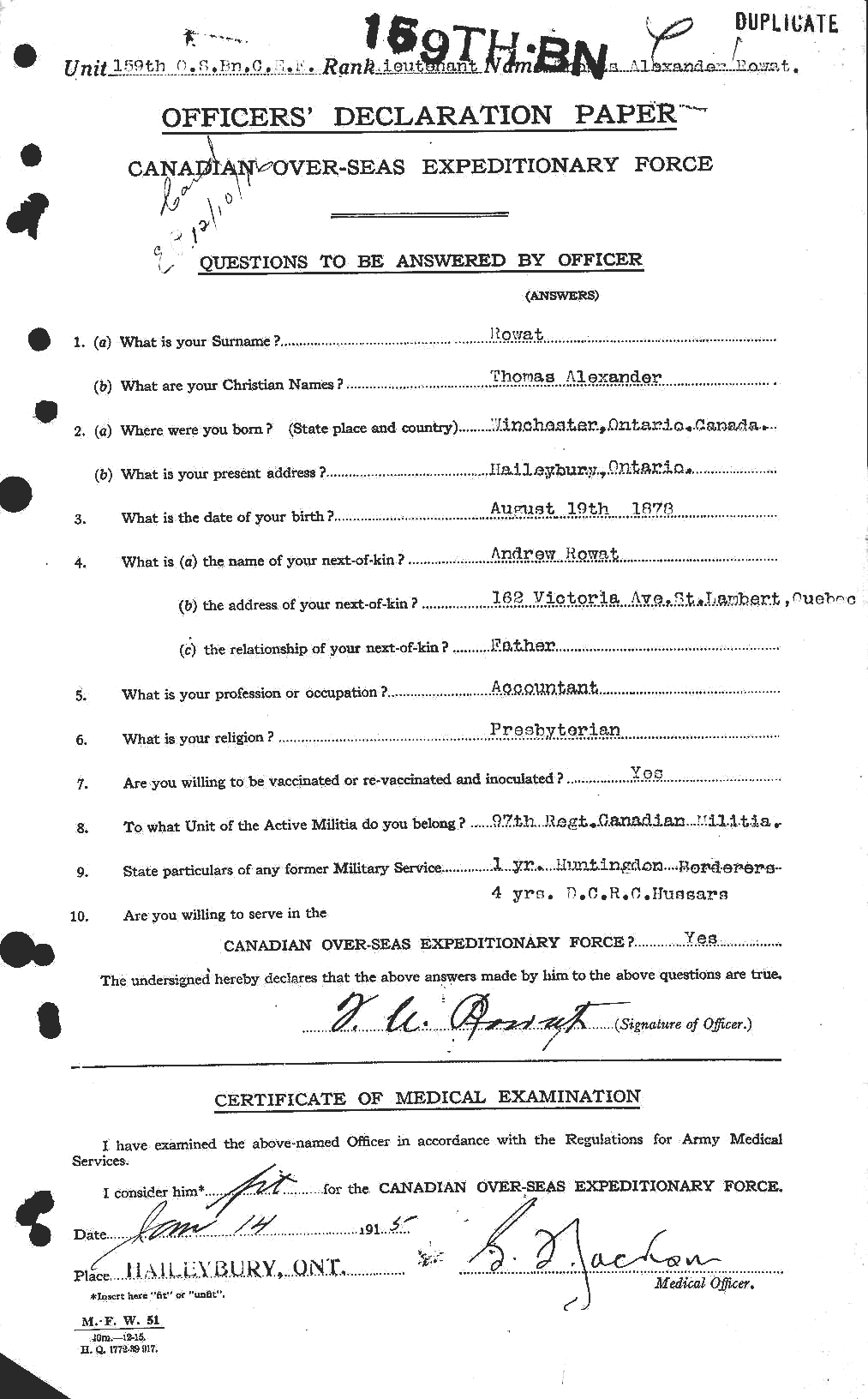 Dossiers du Personnel de la Première Guerre mondiale - CEC 612651a