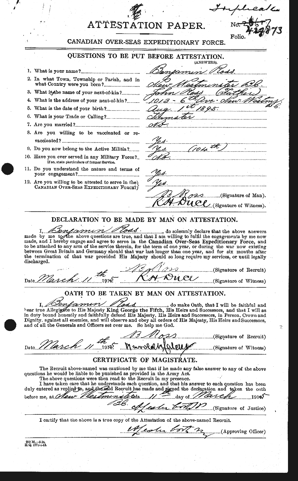 Dossiers du Personnel de la Première Guerre mondiale - CEC 612713a