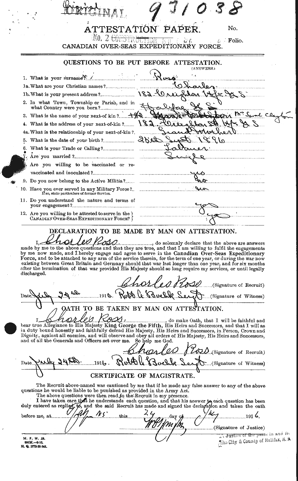 Dossiers du Personnel de la Première Guerre mondiale - CEC 612743a