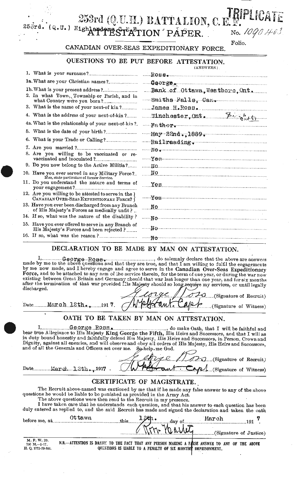 Dossiers du Personnel de la Première Guerre mondiale - CEC 613059a