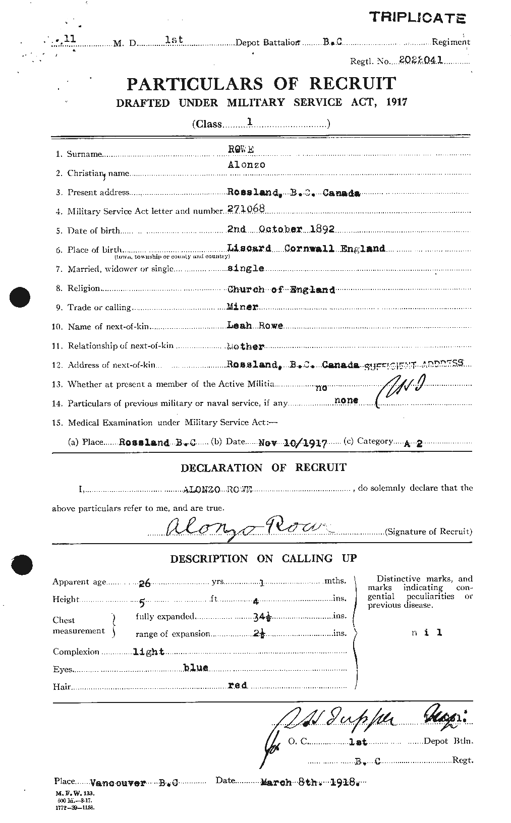 Dossiers du Personnel de la Première Guerre mondiale - CEC 615788a