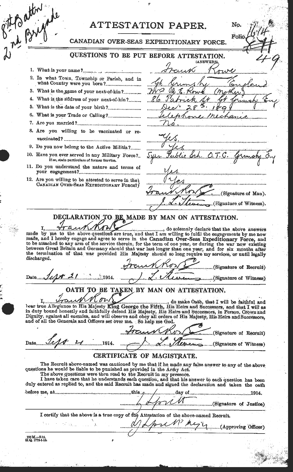 Dossiers du Personnel de la Première Guerre mondiale - CEC 615851a