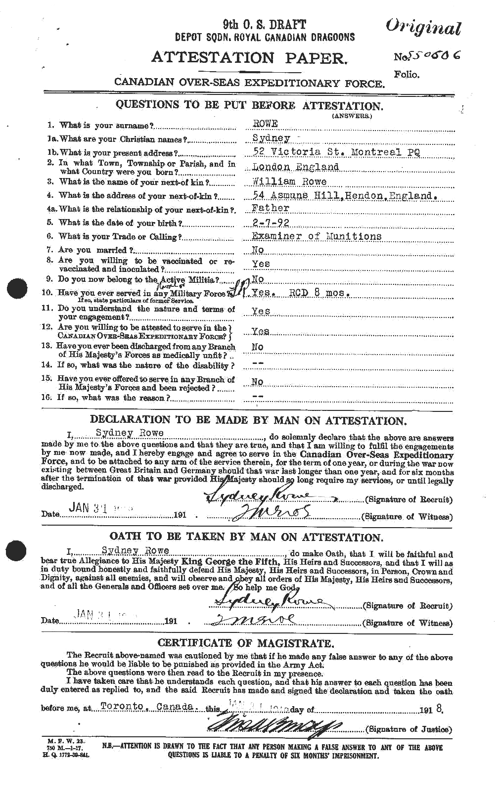 Dossiers du Personnel de la Première Guerre mondiale - CEC 615995a