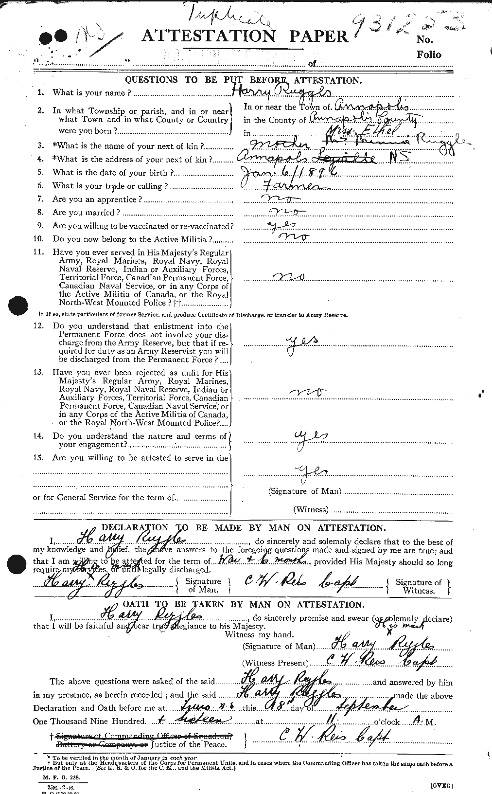 Dossiers du Personnel de la Première Guerre mondiale - CEC 617284a