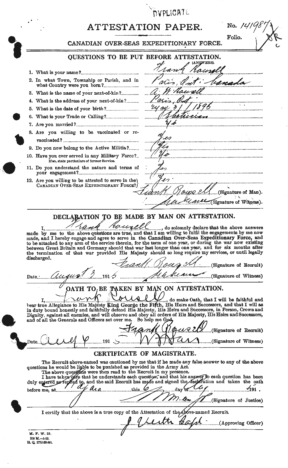 Dossiers du Personnel de la Première Guerre mondiale - CEC 617606a