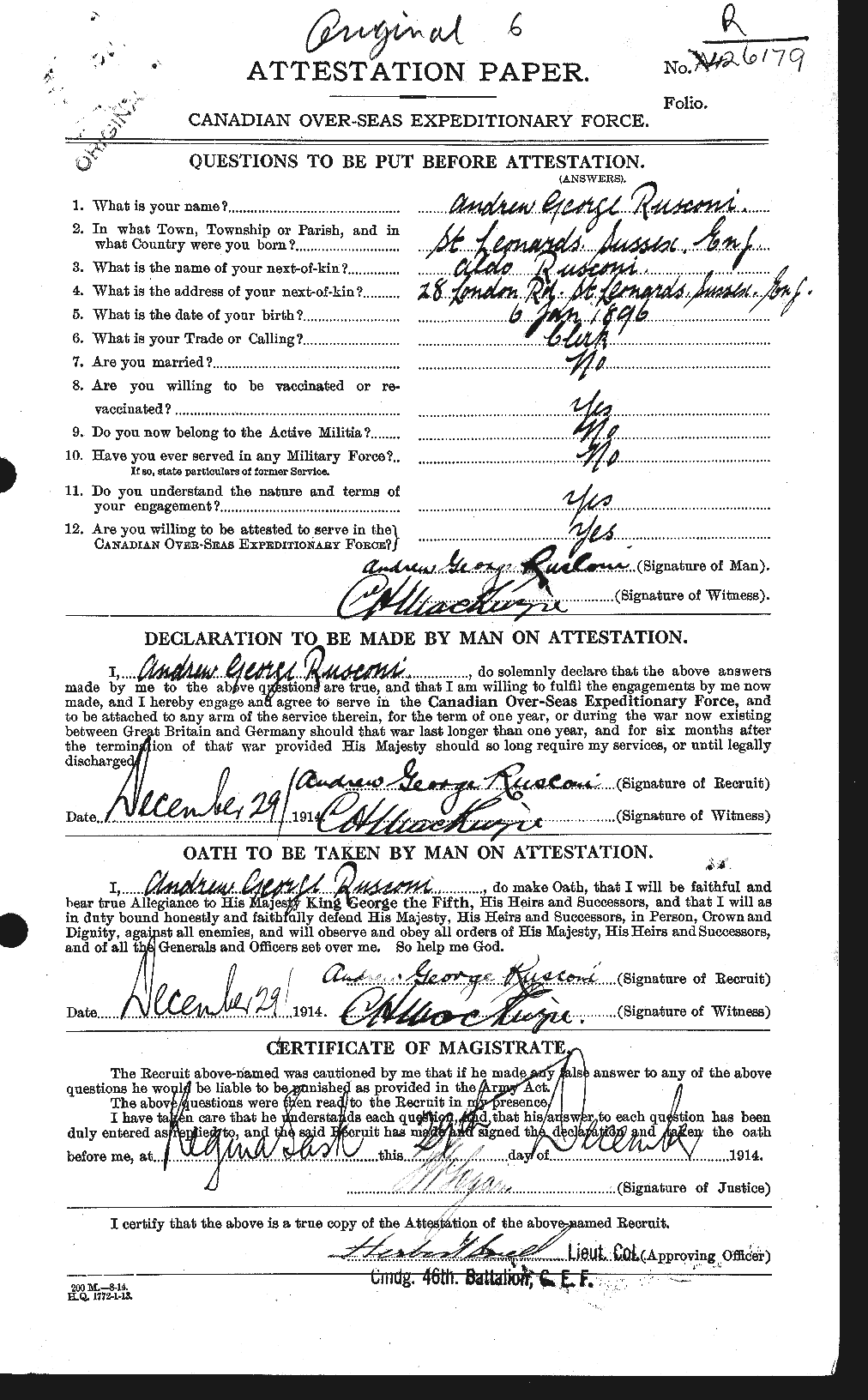 Dossiers du Personnel de la Première Guerre mondiale - CEC 618588a