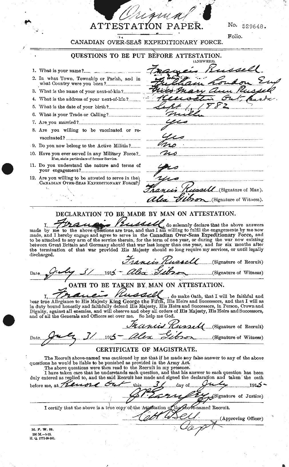 Dossiers du Personnel de la Première Guerre mondiale - CEC 618865a