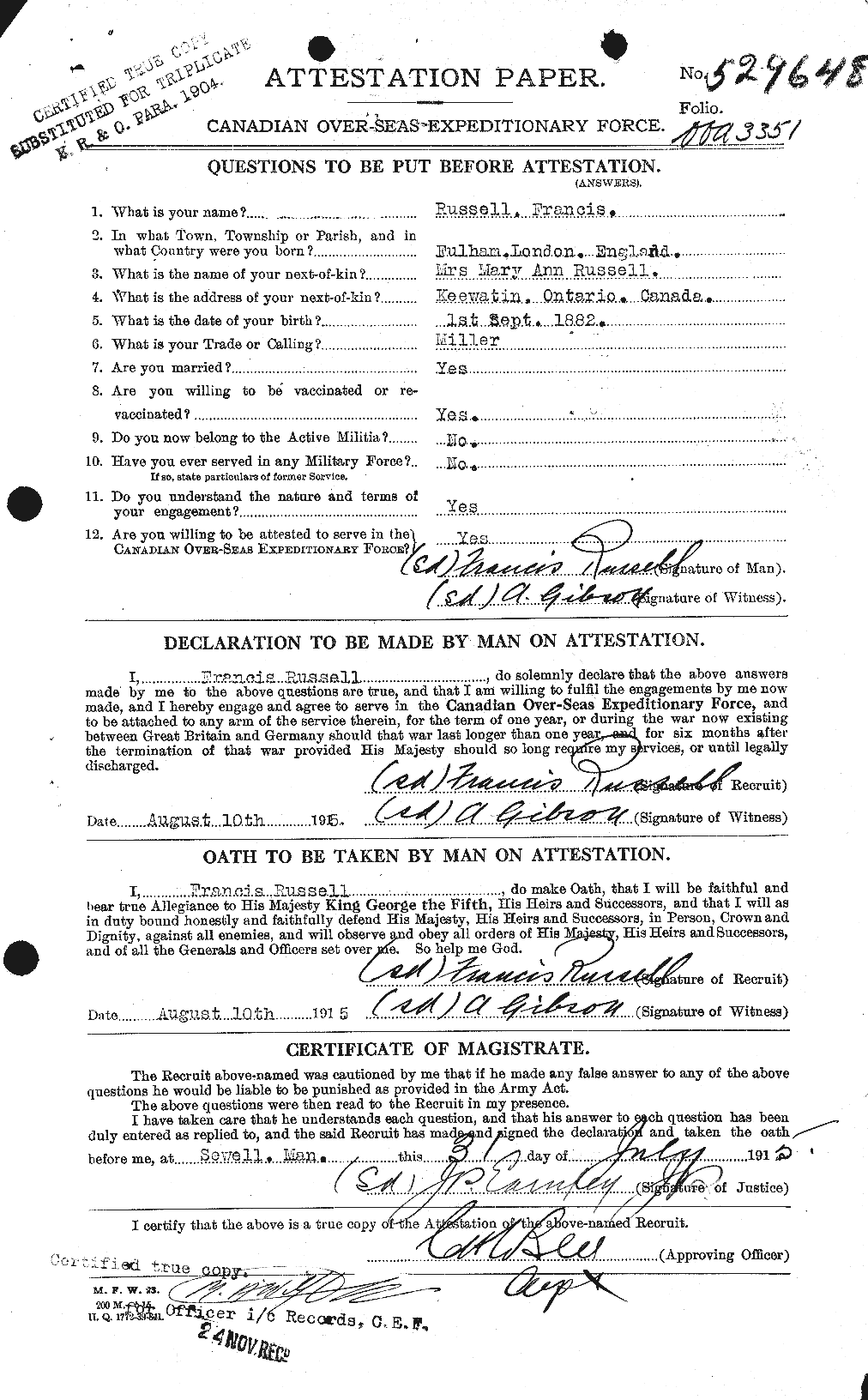 Dossiers du Personnel de la Première Guerre mondiale - CEC 618866a