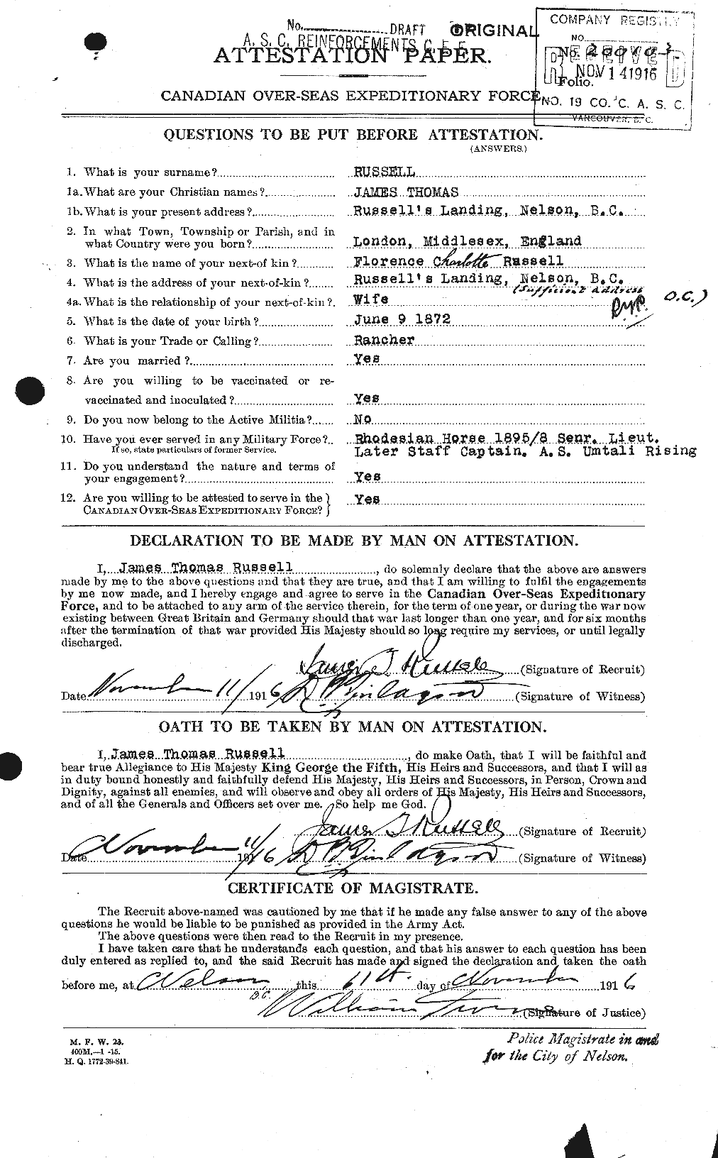 Dossiers du Personnel de la Première Guerre mondiale - CEC 619079a